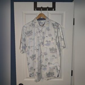 Tommy Bahama Short Sleeve Linen Shirt, Large, White, Tropical Tiki Design